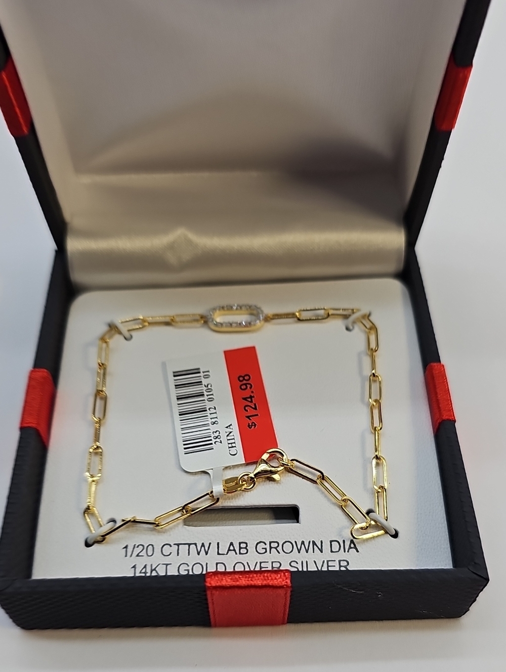 14KT Gold Over Sterling Silver Paperclip Link Bracelet Diamond NWT 8" Long Italy